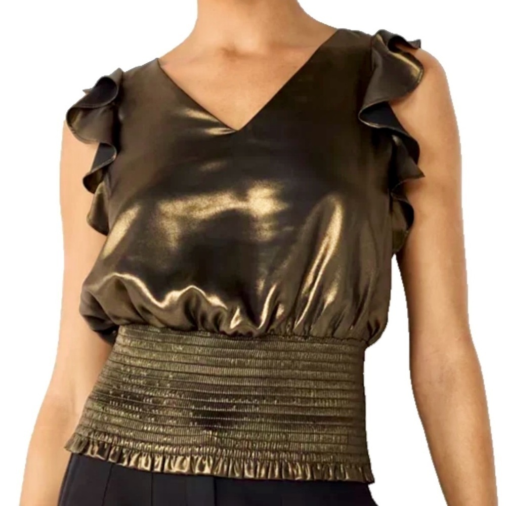 NWT Nine West Women's Ruffle Smocked Hem Metallic Blouse Top Sz L Gold Black